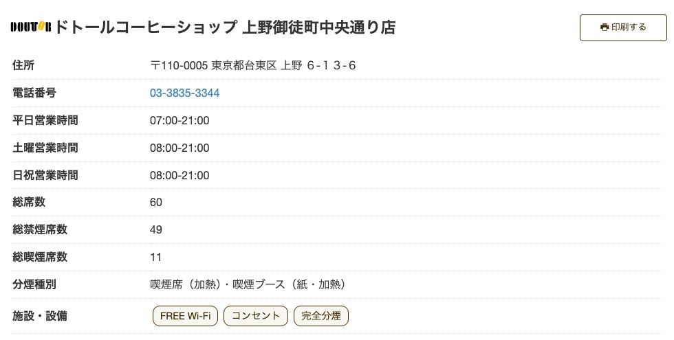 ドトールコーヒーショップ上野御徒町中央通り店の公式店舗ページ。住所(上野6-13-6)、平日07:00-21:00、土曜・日祝08:00-21:00、総席数60(禁煙49・喫煙11)、施設・設備にFREE Wi-Fi・コンセント・完全分煙の表示