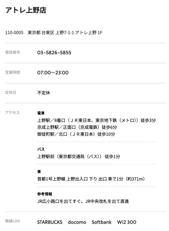 スターバックス アトレ上野店の公式店舗ページ。住所(上野7-1-1 アトレ上野 1F)、営業時間07:00〜23:00、定休日 不定休、アクセス、参考情報(JR広小路口を出てすぐ)、無線LAN(STARBUCKS・docomo・Softbank・Wi2 300)の記載