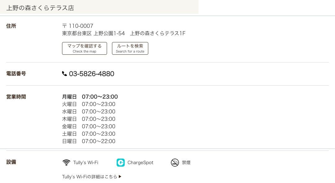 タリーズコーヒー上野の森さくらテラス店の公式店舗ページ。住所(台東区上野公園1-54 上野の森さくらテラス1F)、曜日別の営業時間(月〜土曜07:00〜23:00、日曜07:00〜22:00)、設備欄のTully's Wi-Fi・ChargeSpot・禁煙の表示