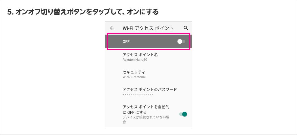 楽天モバイル公式のテザリング利用方法ページ（Androidの場合）の手順5。「Wi-Fiアクセスポイント」画面のオンオフ切り替えボタンをオンにする