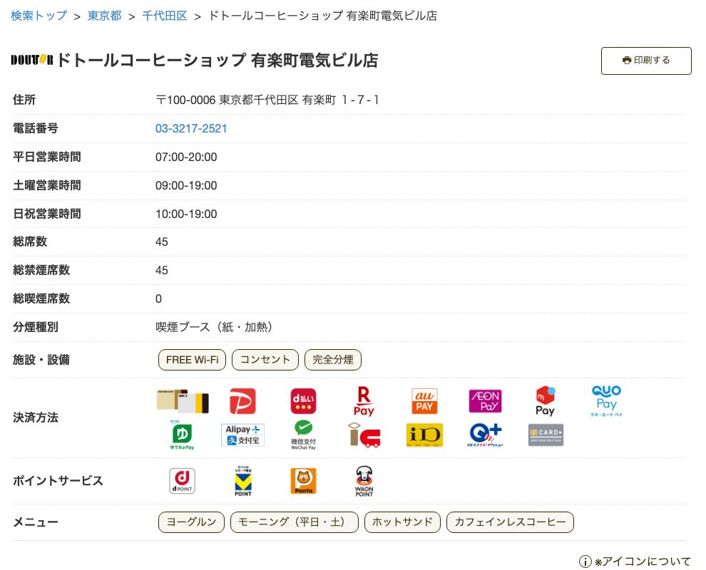 ドトールコーヒーショップ有楽町電気ビル店の公式店舗ページ。住所（有楽町1-7-1）、平日07:00-20:00、土曜09:00-19:00、日祝10:00-19:00、総席数45（禁煙45・喫煙0）、施設・設備にFREE Wi-Fi・コンセント・完全分煙の表示