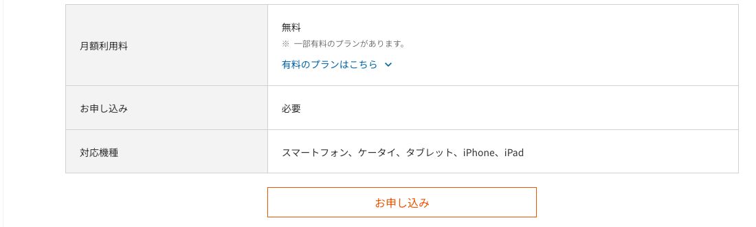 au公式テザリングオプションの料金表。月額利用料は無料だが、お申し込みの欄は「必要」と記載されている