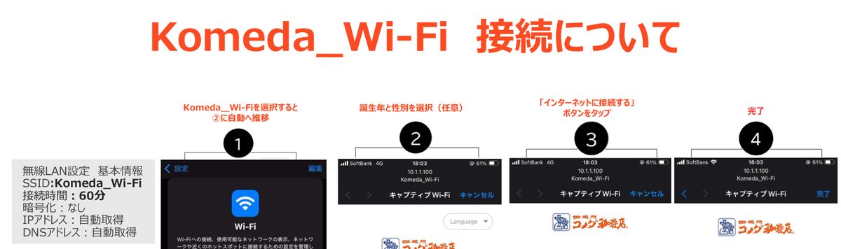 Komeda_Wi-Fiの接続ガイド。SSIDはKomeda_Wi-Fi、接続時間60分、暗号化なしと明記されている
