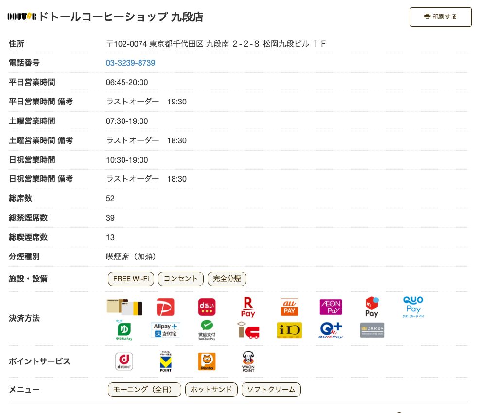 ドトール公式の九段店の店舗ページ。総席数52・総禁煙席数39・総喫煙席数13・分煙種別・ラストオーダーまで記載されている