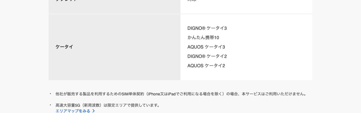 ソフトバンク公式テザリングの対応機種表と注記。他社が販売する製品を利用するためのSIM単体契約では本サービスを利用できないと記載されている