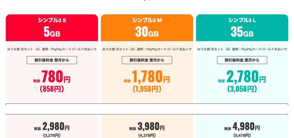 ワイモバイル公式の料金ページ。シンプル3 Sが5GB、Mが30GB、Lが35GBで、基本料金は税込3,278円・4,378円・5,478円と表示されている