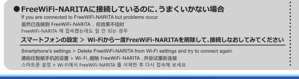 成田空港の公式「無料Wi-Fiガイド」。接続しているのにうまくいかない場合は、Wi-Fi設定からFreeWiFi-NARITAを一度削除して接続し直すよう案内している