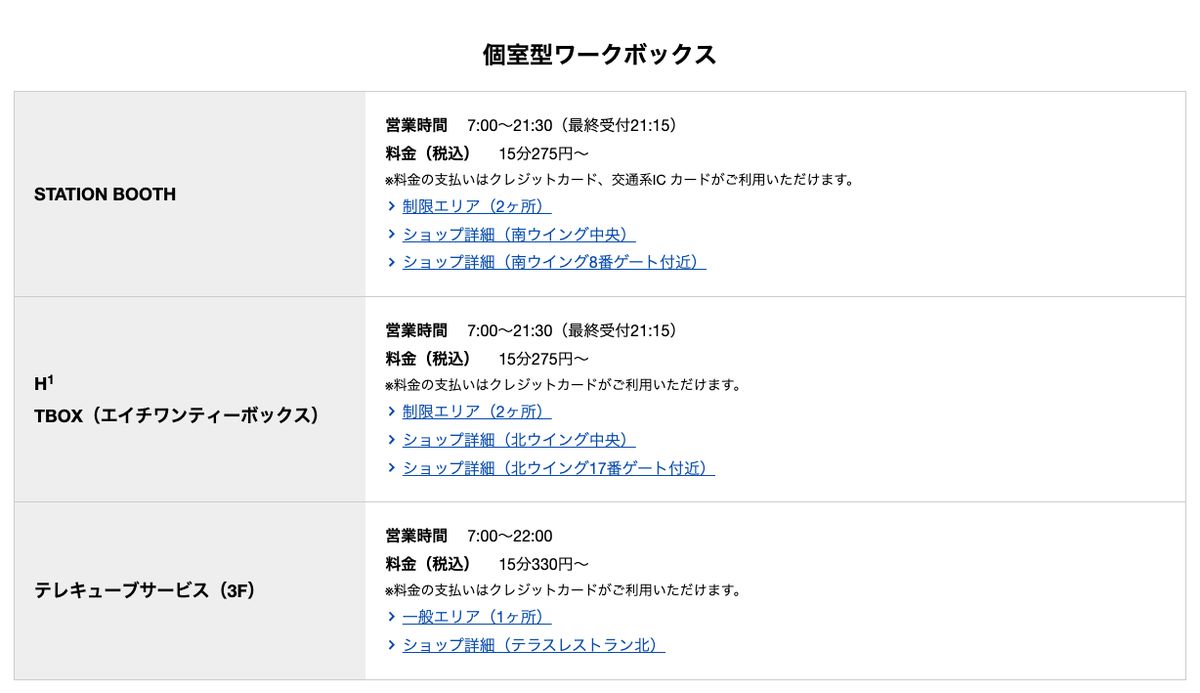 羽田空港公式サイトの個室型ワークボックス一覧。STATION BOOTHとH¹TBOXは7:00〜21:30・15分275円〜、テレキューブは7:00〜22:00・15分330円〜と記載されている(2026年10月20日確認)