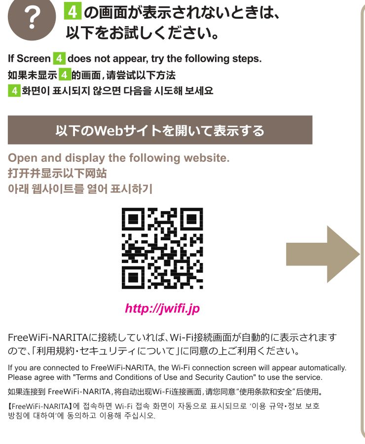 成田空港の公式「無料Wi-Fiガイド」。同意画面が表示されないときは、以下のWebサイトを開いて表示するとして http://jwifi.jp を案内している