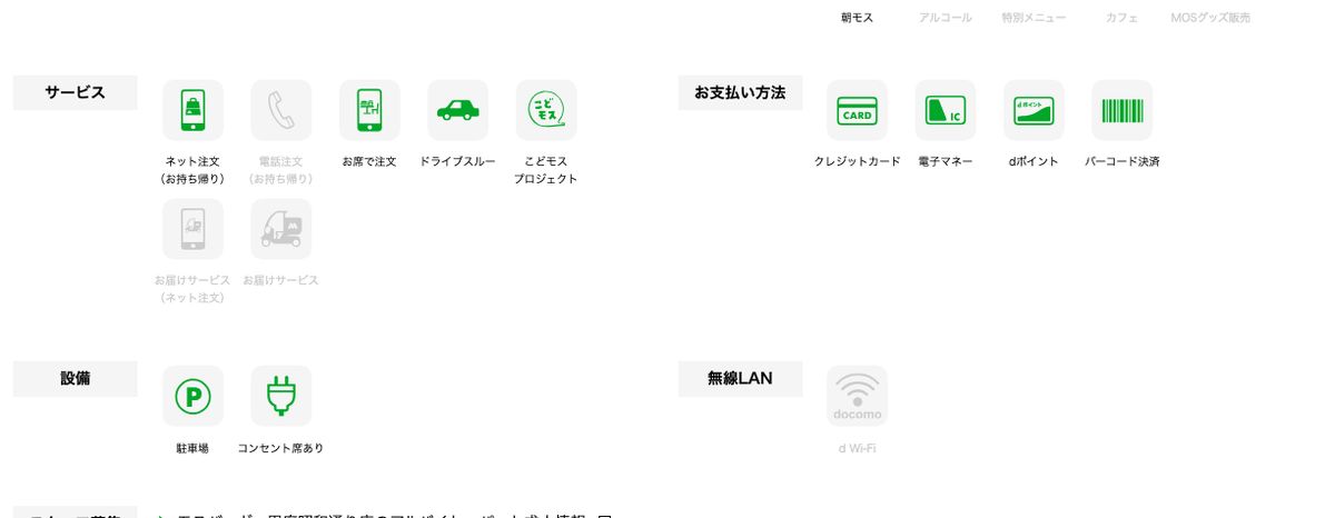 モスバーガー甲府昭和通り店の公式店舗ページの設備欄。コンセント席ありは緑、d Wi-Fiは灰色で表示されている