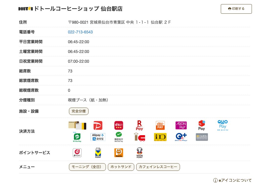 ドトールコーヒーショップ仙台駅店の公式店舗ページ。総席数73席・全席禁煙で、施設・設備の欄には「完全分煙」しか表示されていない