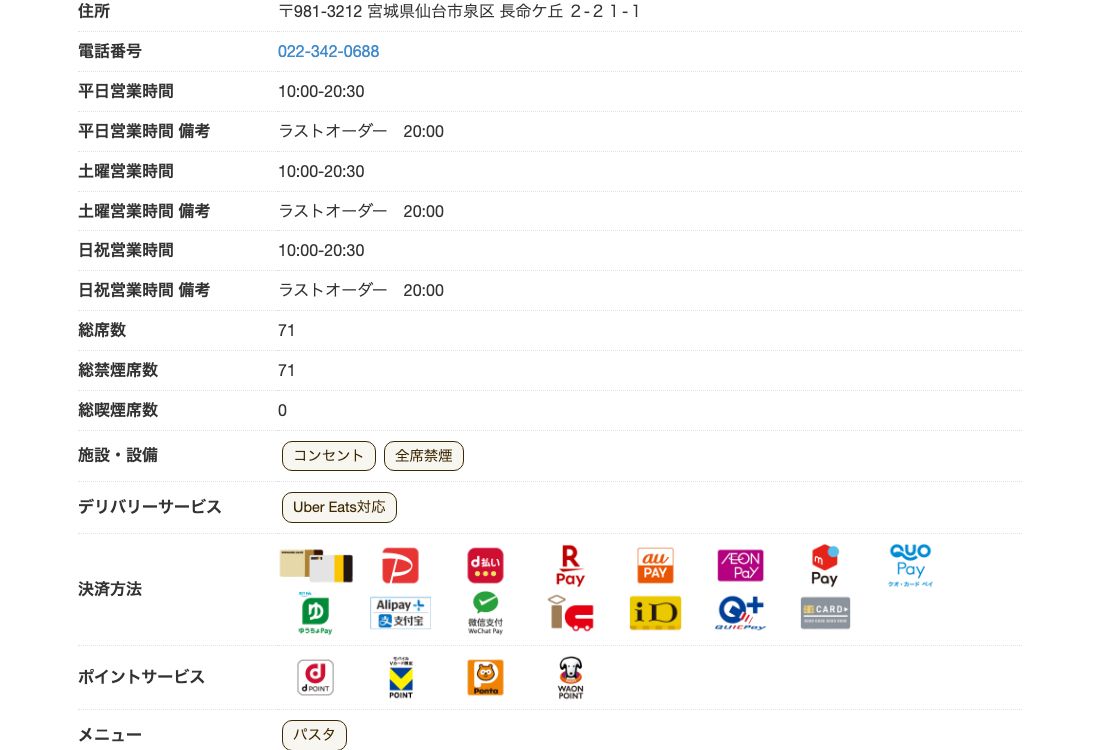 エクセルシオールカフェ仙台長命ヶ丘店の公式店舗ページ。施設・設備にコンセントはあるがFREE Wi-Fiの表示がなく、総席数71席はすべて禁煙席