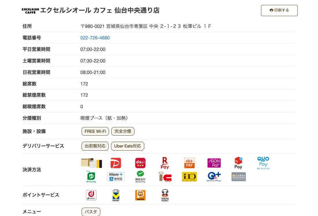 エクセルシオールカフェ仙台中央通り店の公式店舗ページ。総席数172席・総禁煙席数172席で、施設・設備にFREE Wi-Fiはあるがコンセントの表示がない