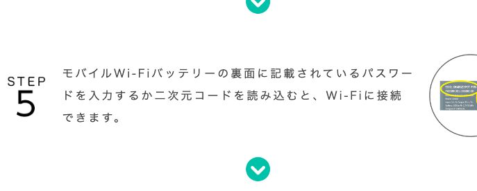 セブン-イレブン公式のモバイルWi-Fiバッテリー利用手順。本体裏面のパスワードを入力するか二次元コードを読み込むとWi-Fiに接続できると書かれている
