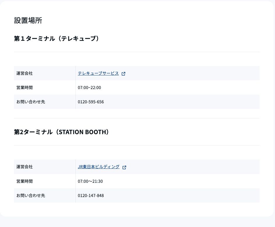成田空港公式サイトの個室型ワークブース設置場所。第1ターミナルはテレキューブで7時から22時、第2ターミナルはSTATION BOOTHで7時から21時30分と記載されている