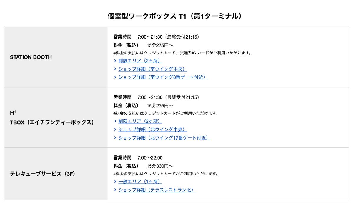 羽田空港公式サイトの個室型ワークボックスページ(第1ターミナル)。STATION BOOTHとH¹T BOXは7:00〜21:30で15分275円〜、テレキューブサービスは7:00〜22:00で15分330円〜と記載